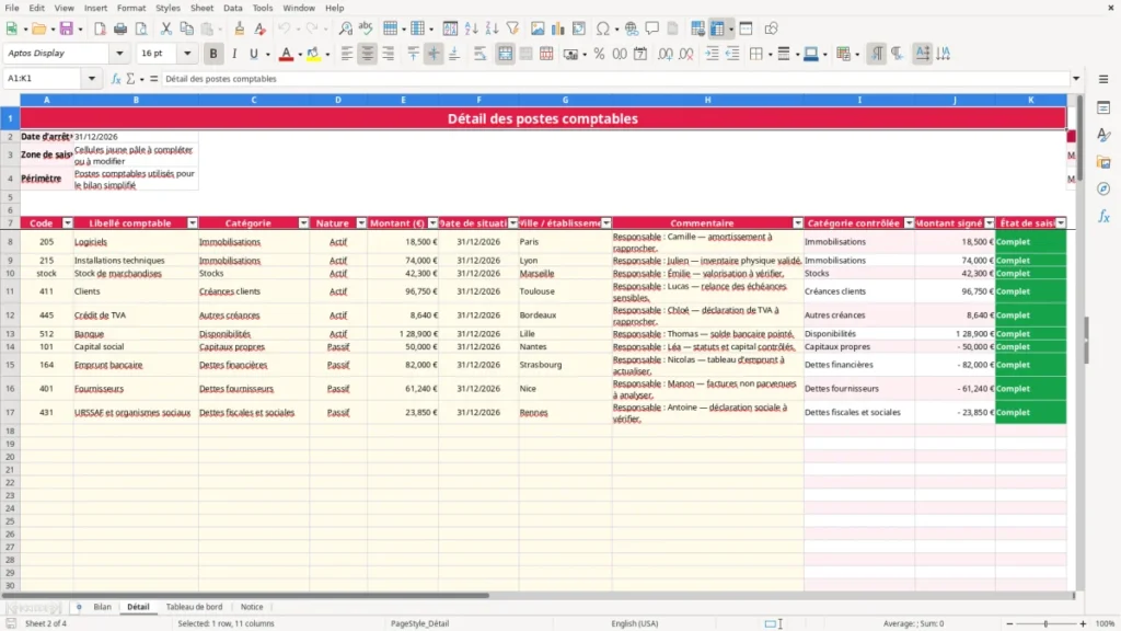 Détail – Bilan comptable Excel – Modèle Gratuit (2026)