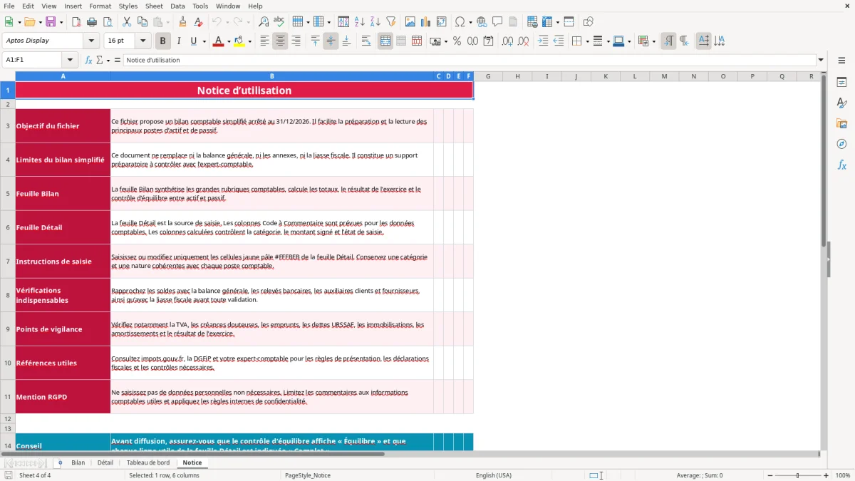 Capture 4 : feuille Notice - Modèle Excel bilan comptable excel