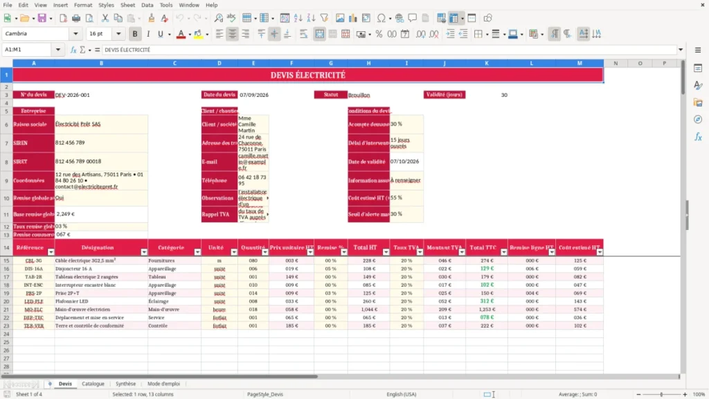 Devis – Devis électricité Excel – Modèle Gratuit (2026)