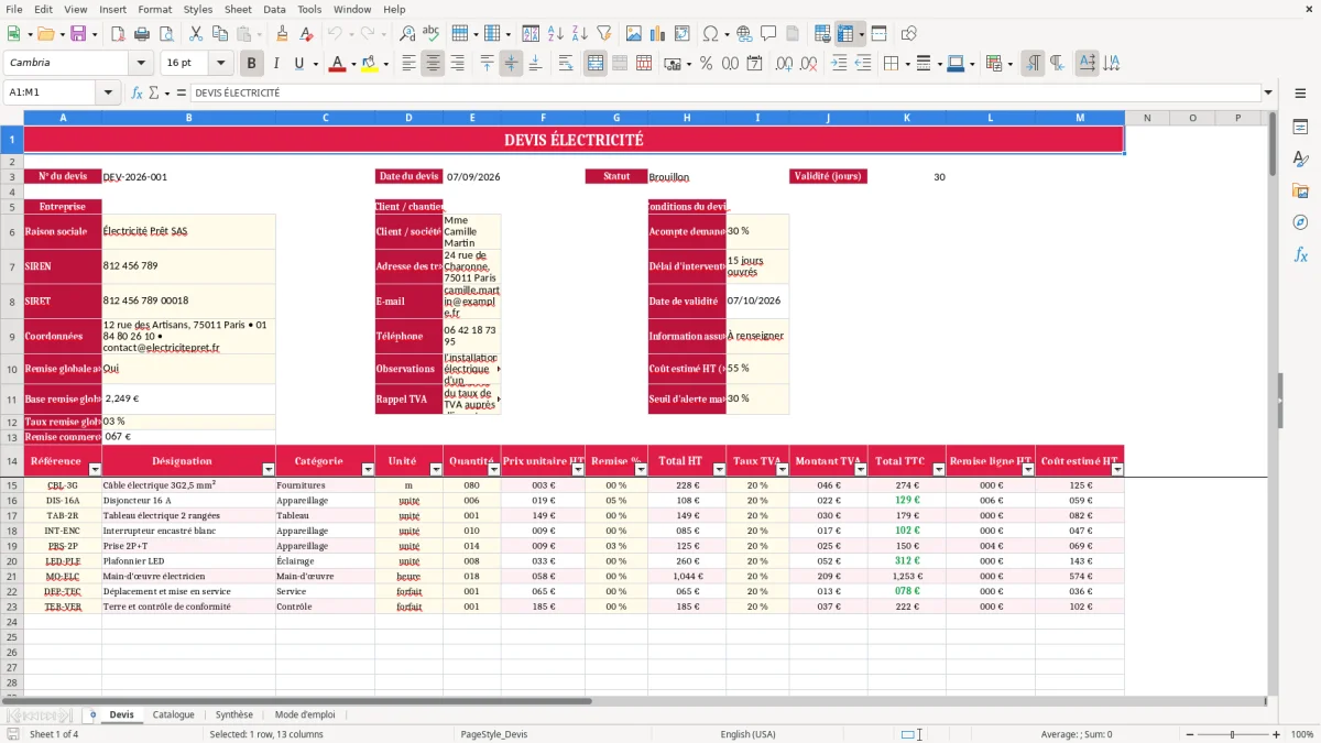 Capture 1 : feuille Devis - Modèle Excel devis electricite excel