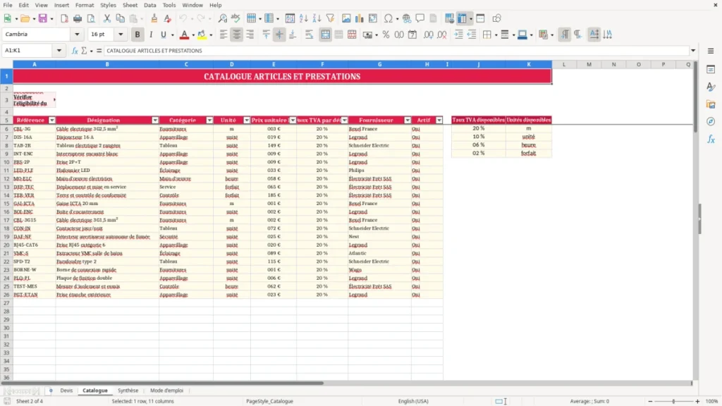Catalogue – Devis électricité Excel – Modèle Gratuit (2026)