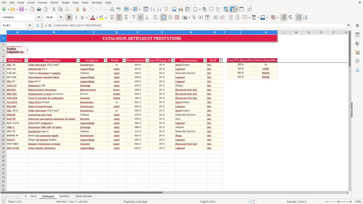 Capture 2 : feuille Catalogue - Modèle Excel devis electricite excel