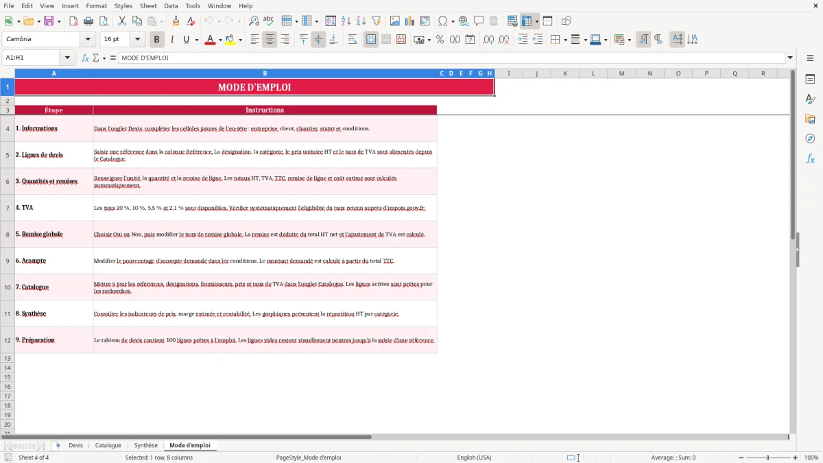 Capture 4 : feuille Mode d'emploi - Modèle Excel devis electricite excel