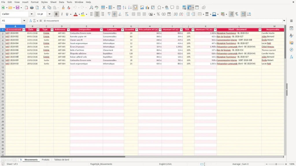 Mouvements – Entrée sortie stock Excel – Modèle Gratuit (2026)