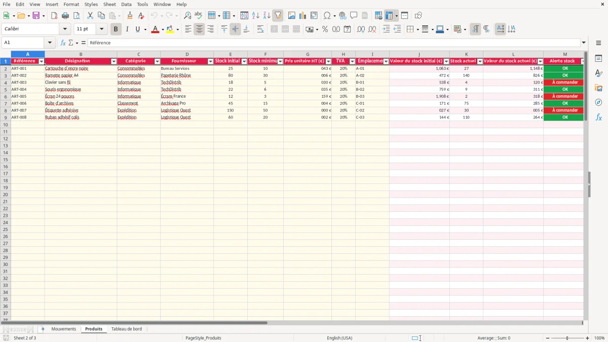 Capture 2 : feuille Produits - Modèle Excel entree sortie stock excel