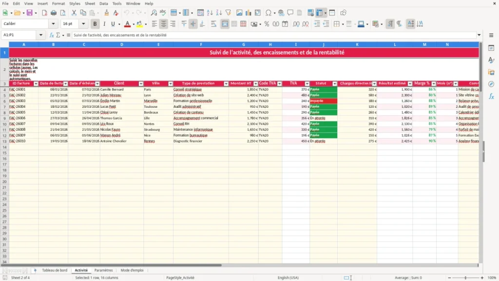 Activité – Entrepreneur Excel – Modèle Gratuit (2026)