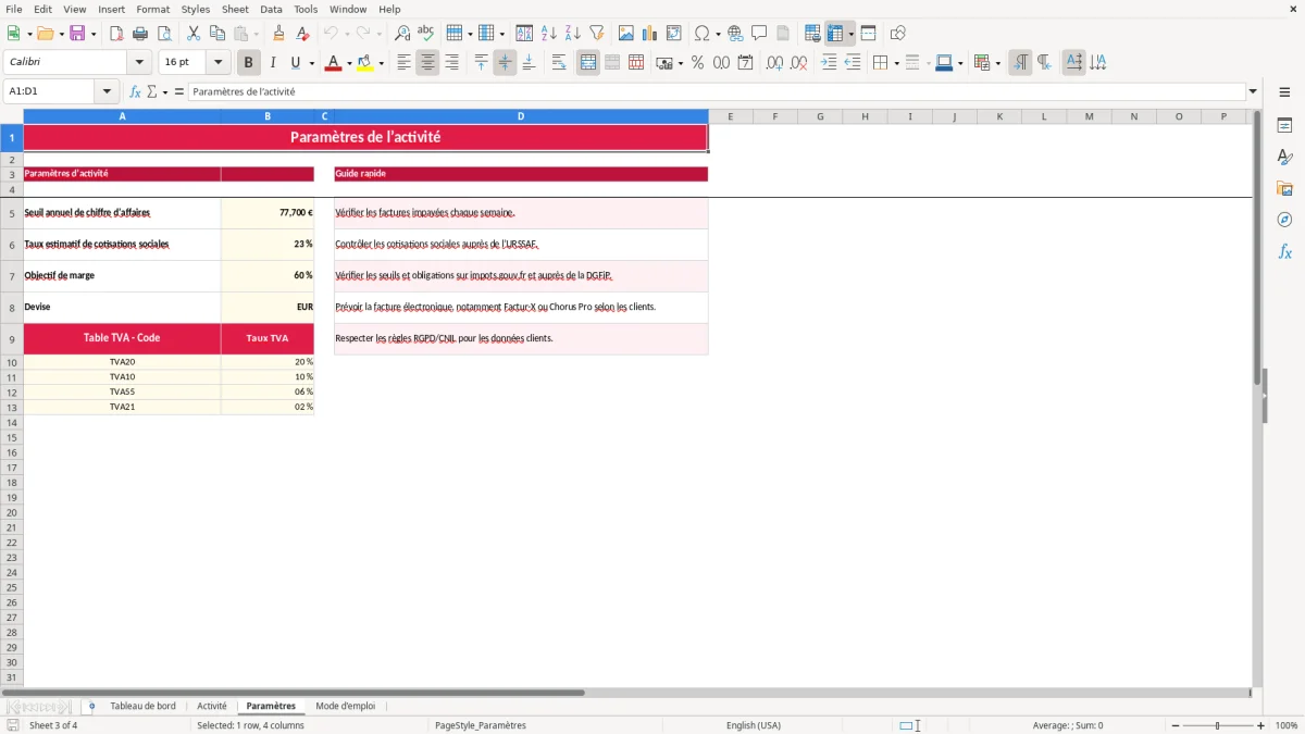 Capture 3 : feuille Paramètres - Modèle Excel entrepreneur excel