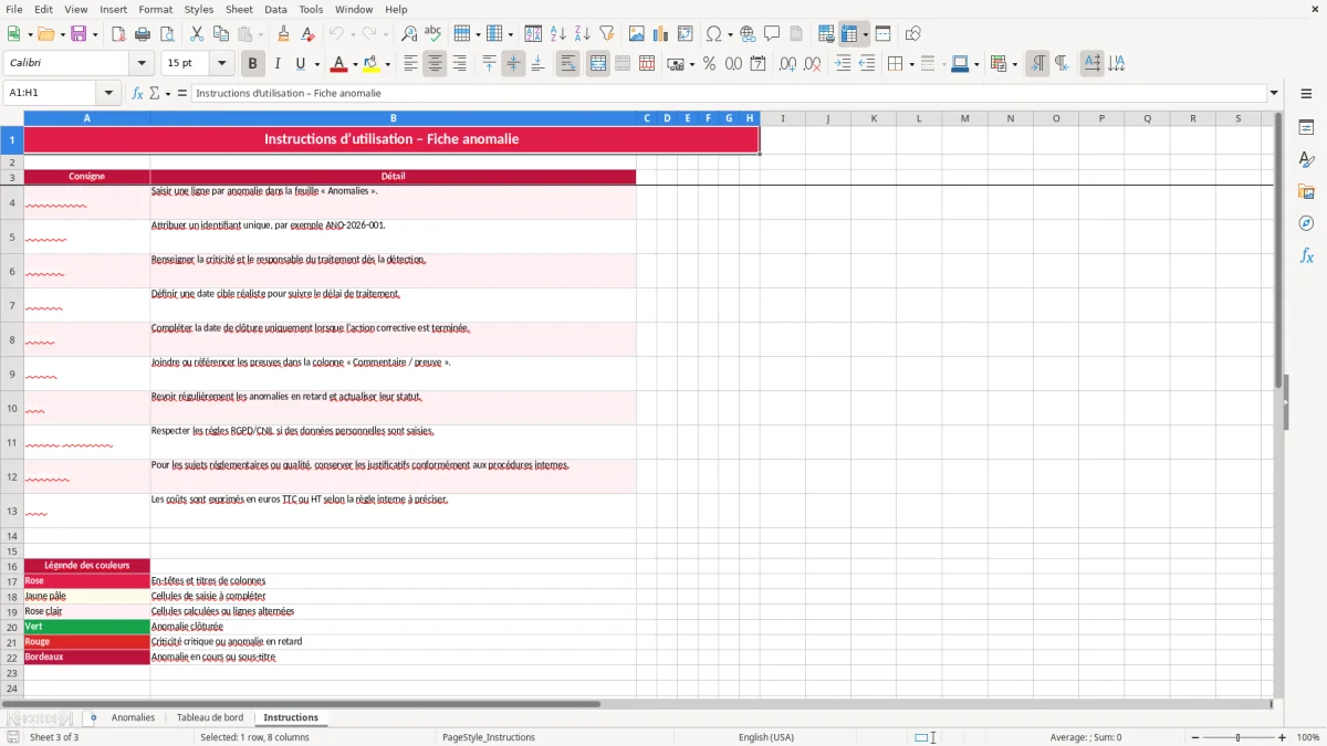 Capture 3 : feuille Instructions - Modèle Excel fiche anomalie excel