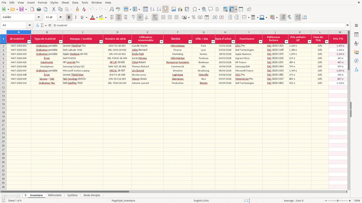 Capture 1 : feuille Inventaire - Modèle Excel fiche inventaire materiel informatique excel