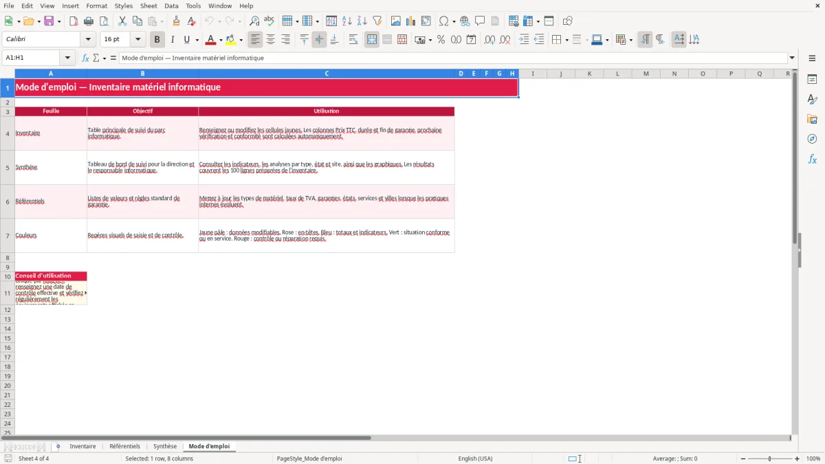 Capture 4 : feuille Mode d'emploi - Modèle Excel fiche inventaire materiel informatique excel
