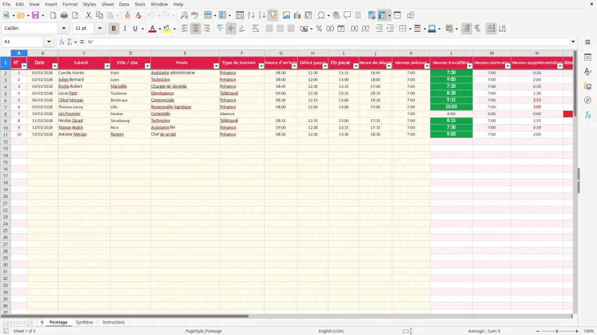 Capture 1 : feuille Pointage - Modèle Excel fichier pointage heures excel