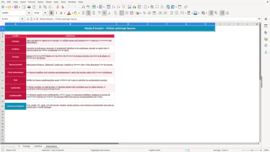 Instructions – Pointage heures Excel – Modèle Gratuit (2026)