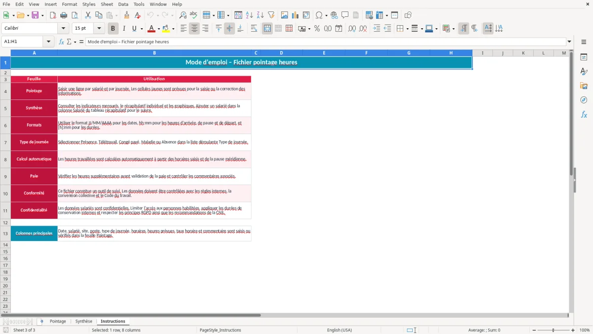Capture 3 : feuille Instructions - Modèle Excel fichier pointage heures excel