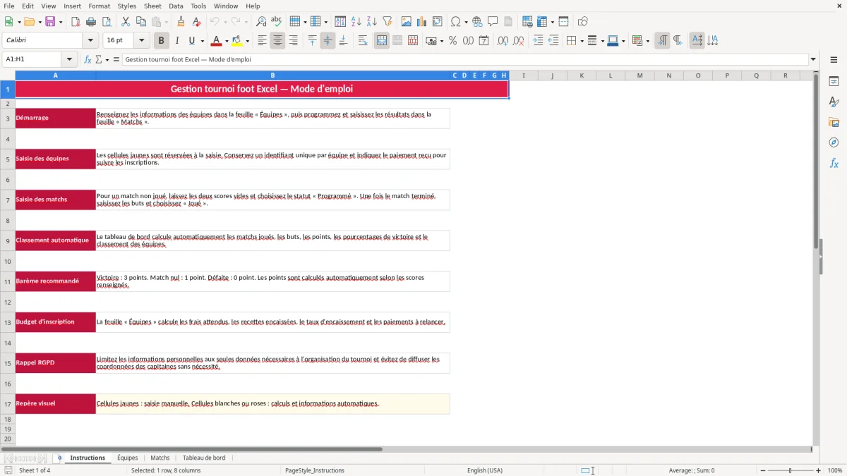Capture 1 : feuille Instructions - Modèle Excel gestion tournoi foot excel