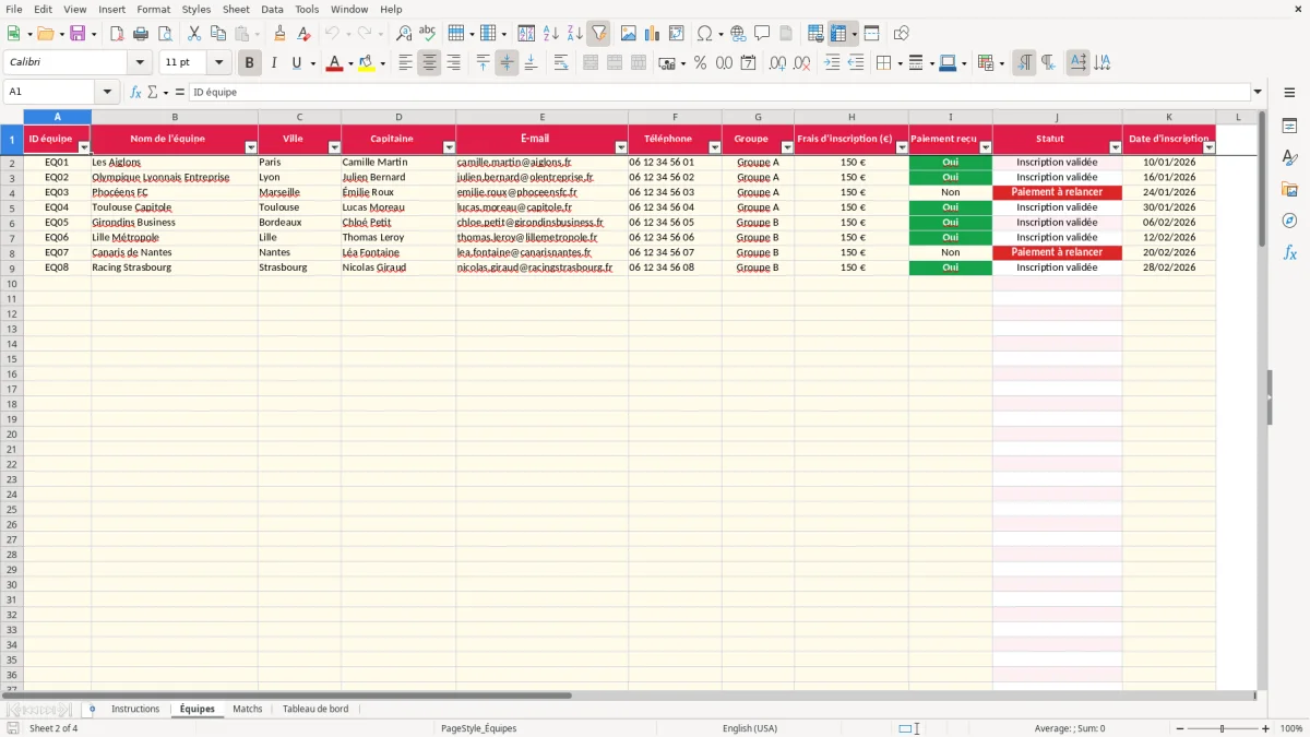 Capture 2 : feuille Équipes - Modèle Excel gestion tournoi foot excel