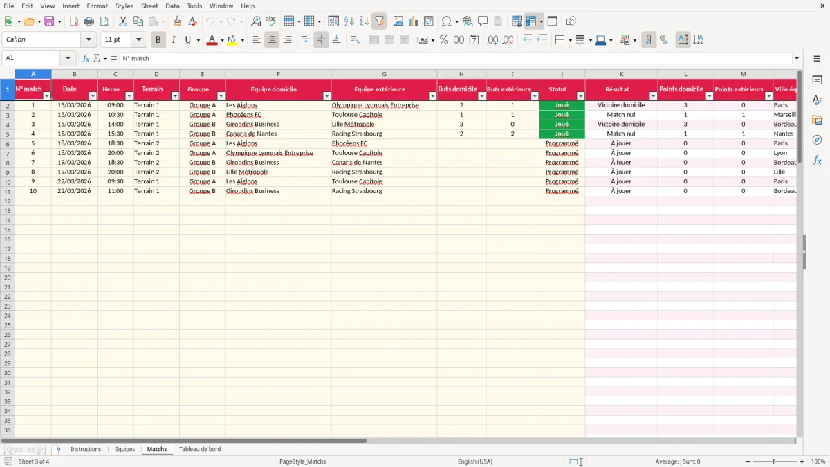 Capture 3 : feuille Matchs - Modèle Excel gestion tournoi foot excel