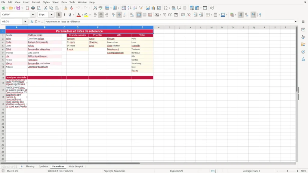 Paramètres – Planning projet Excel – Modèle Gratuit (2026)