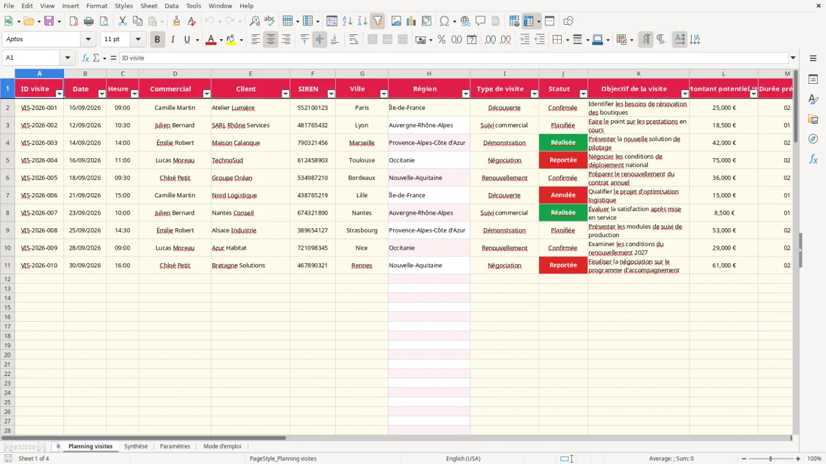 Capture 1 : feuille Planning visites - Modèle Excel planning visite client excel