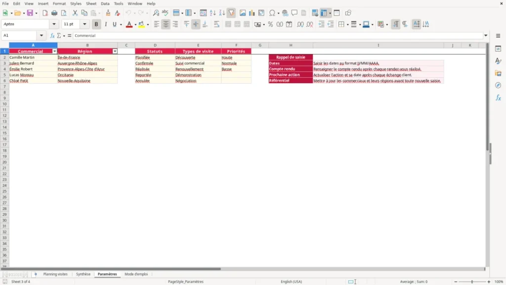 Paramètres – Planning visite client Excel – Modèle Gratuit (2026)