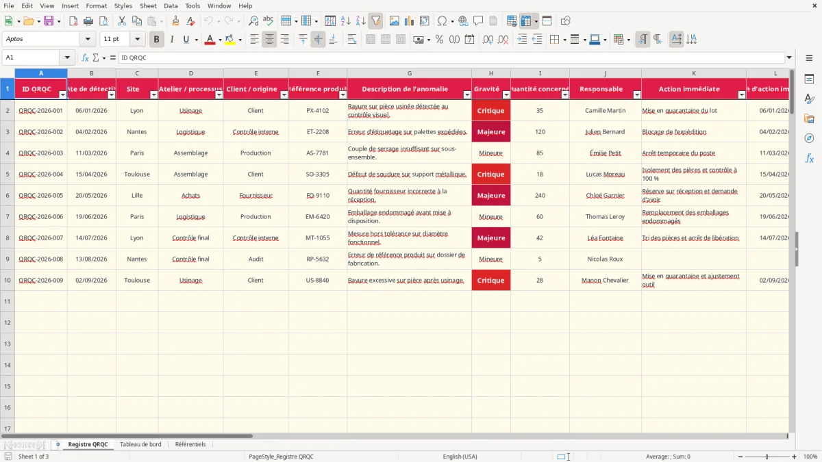 Capture 1 : feuille Registre QRQC - Modèle Excel qrqc exemple excel