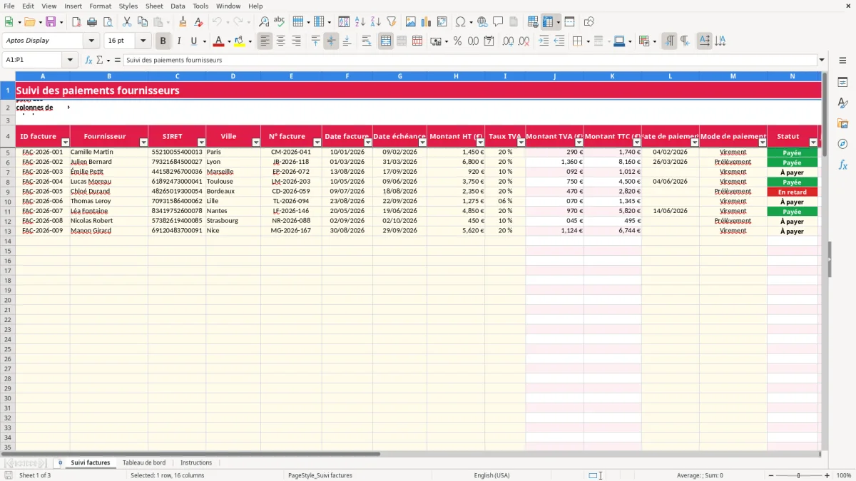 Capture 1 : feuille Suivi factures - Modèle Excel suivi paiement fournisseur excel