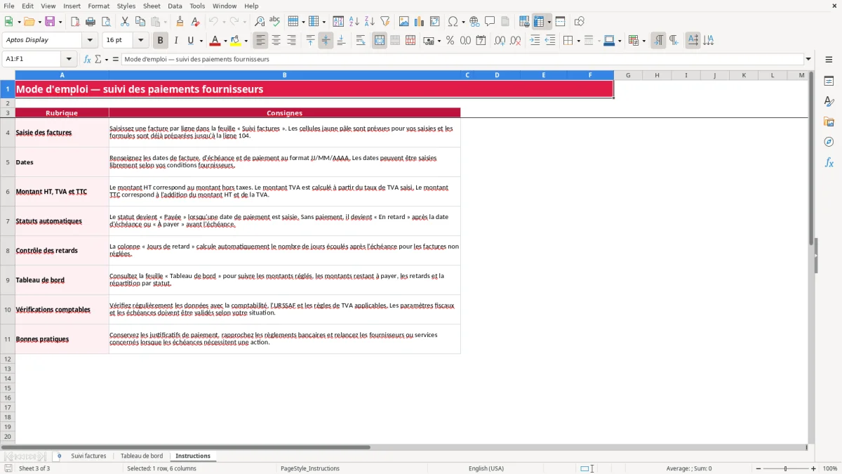 Capture 3 : feuille Instructions - Modèle Excel suivi paiement fournisseur excel