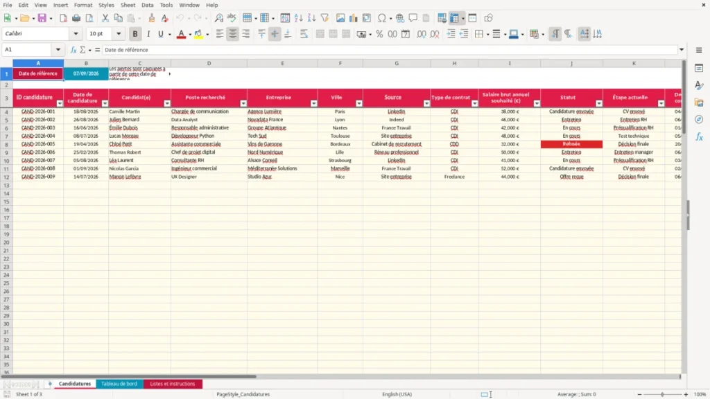 Candidatures – Suivi candidatures Excel – Modèle Gratuit (2026)