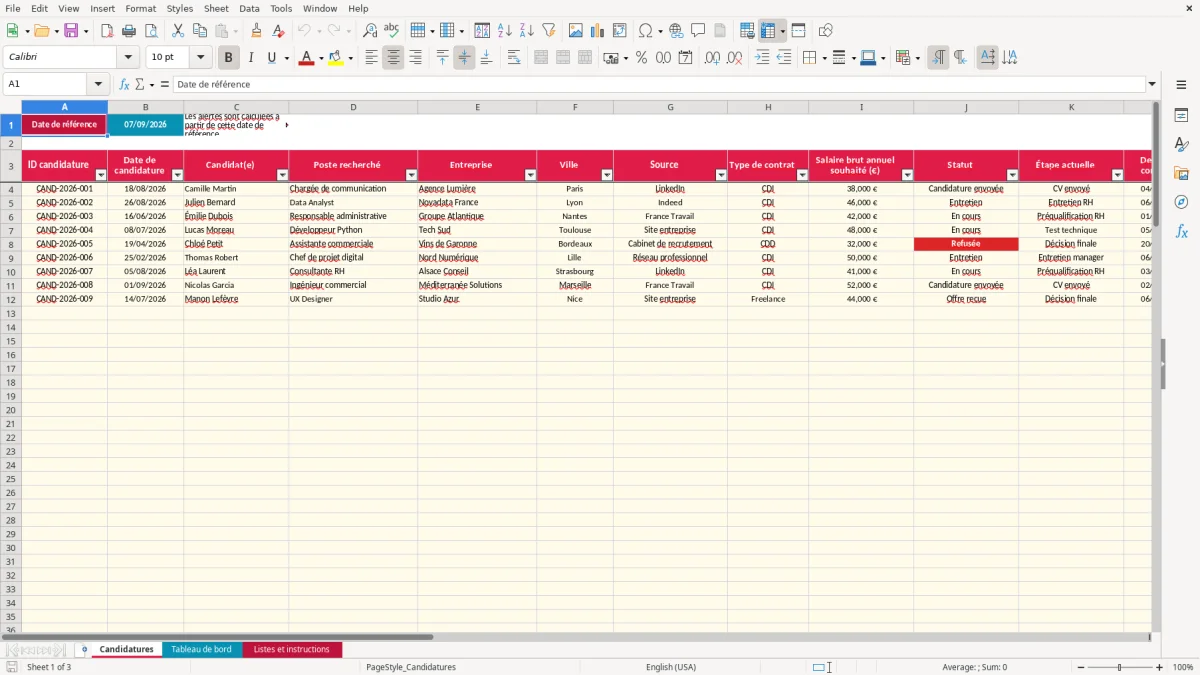 Capture 1 : feuille Candidatures - Modèle Excel tableau suivi candidatures excel