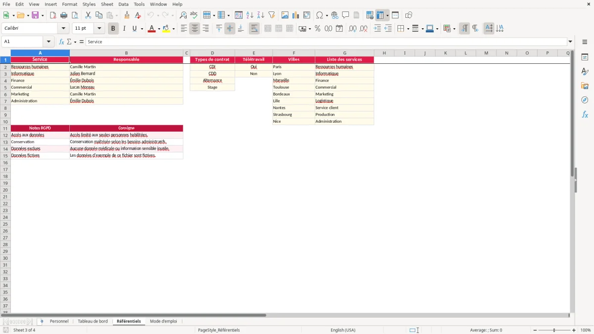 Capture 3 : feuille Référentiels - Modèle Excel base donnees gestion personnel excel