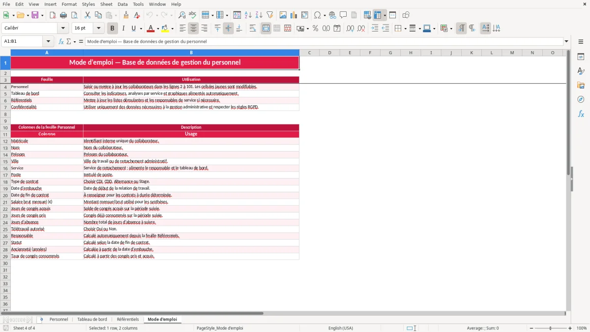 Capture 4 : feuille Mode d'emploi - Modèle Excel base donnees gestion personnel excel