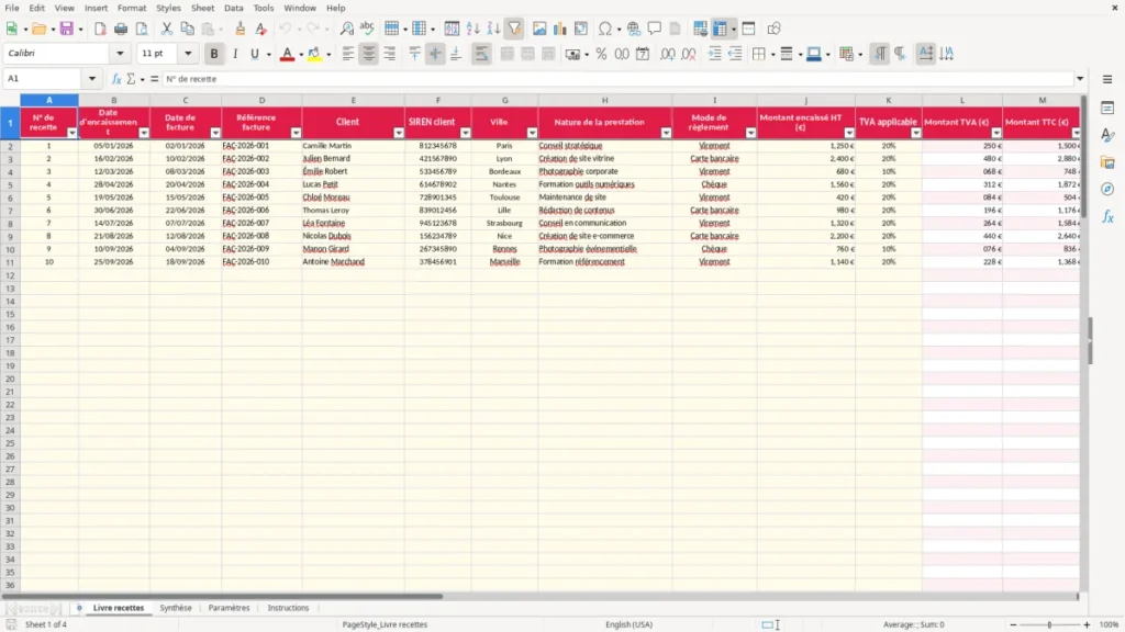 Livre recettes – Livre de recettes Excel – Modèle Gratuit (2026)