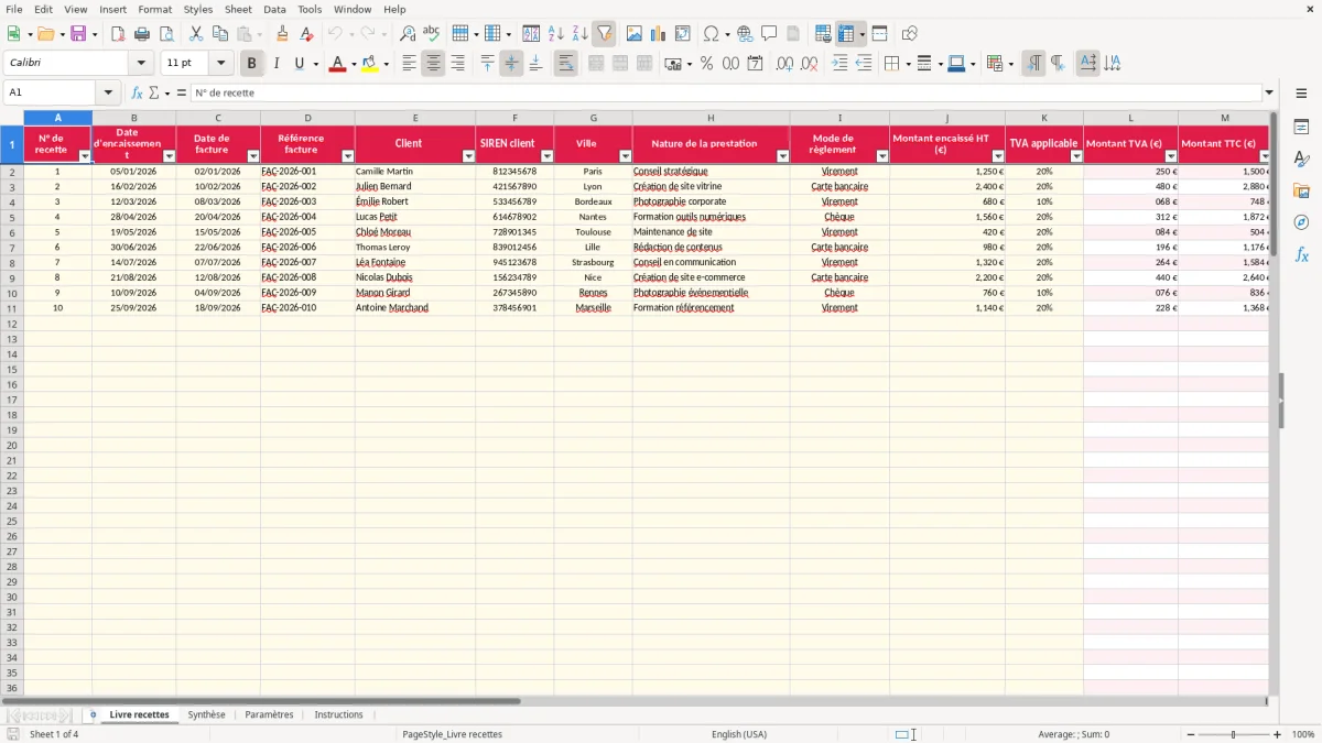 Capture 1 : feuille Livre recettes - Modèle Excel livre compte auto entrepreneur excel