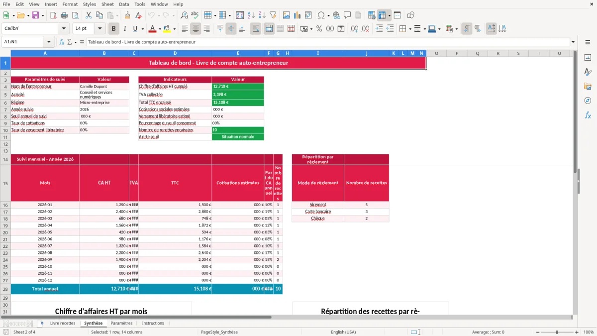 Capture 2 : feuille Synthèse - Modèle Excel livre compte auto entrepreneur excel