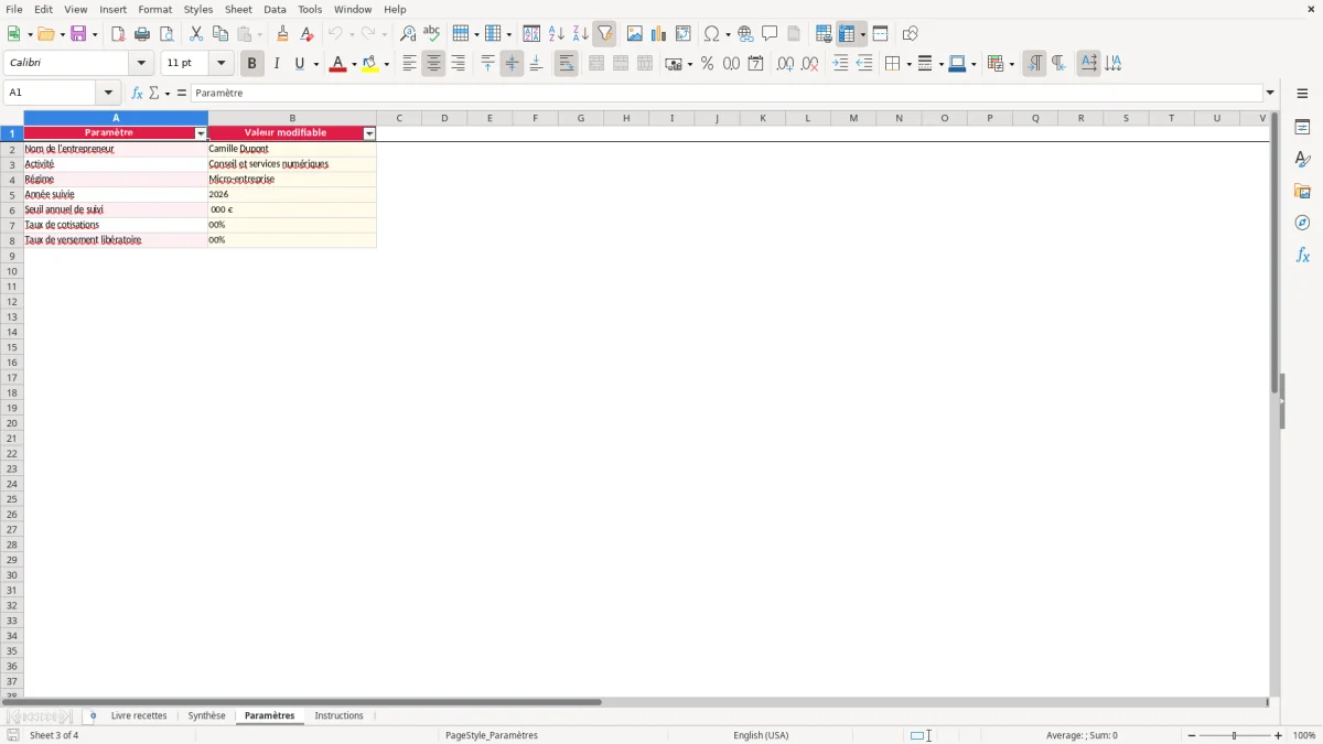 Capture 3 : feuille Paramètres - Modèle Excel livre compte auto entrepreneur excel