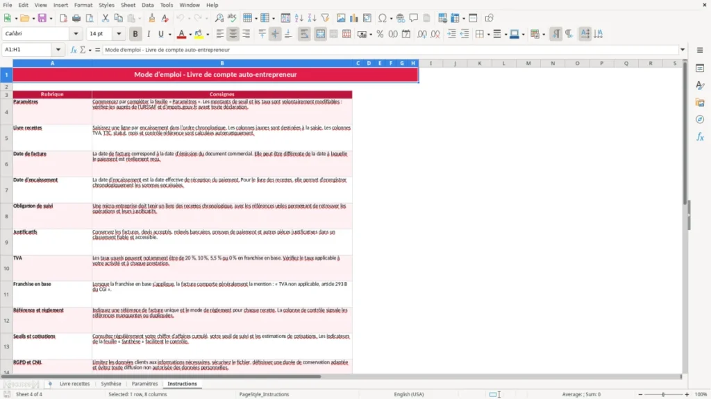 Instructions – Livre de recettes Excel – Modèle Gratuit (2026)