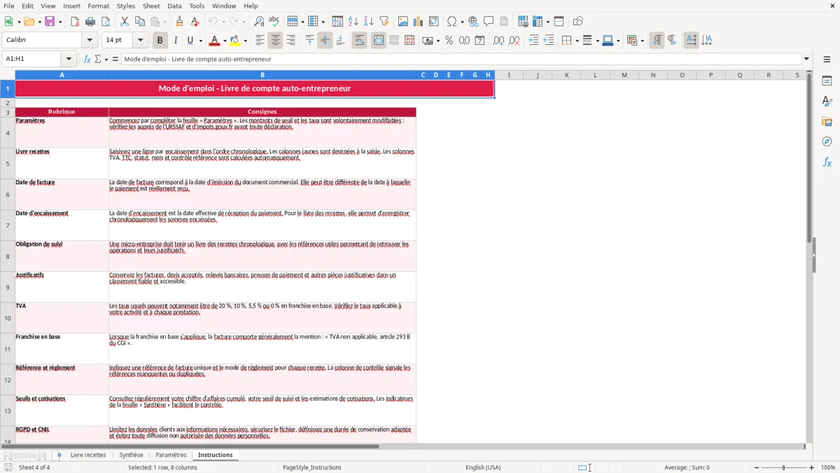 Capture 4 : feuille Instructions - Modèle Excel livre compte auto entrepreneur excel